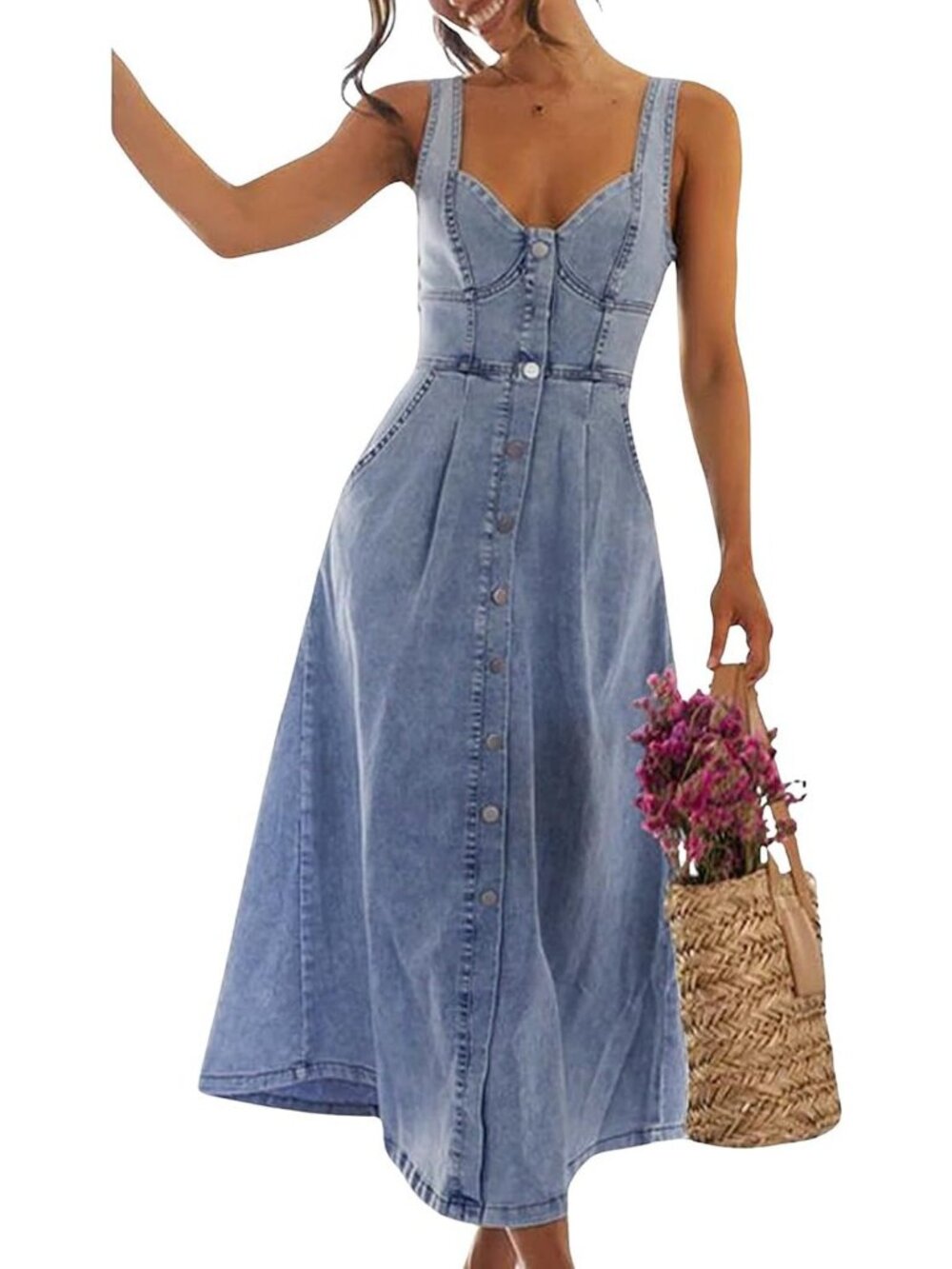 Sleeveless Denim Midi Dress for Women | Button Down Slim Fit Jean Dress 2026